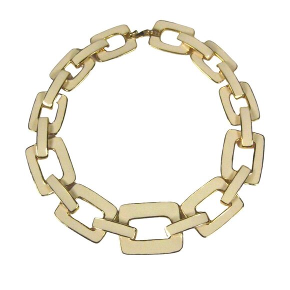 Vintage Chunky Goldtone Cream Enamel Link Chain Necklace 18 inch Collar Statemen - Picture 1 of 9